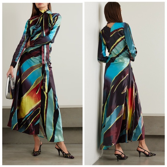 CHRISTOPHER JOHN ROGERS Wheatpaste Scarf Neck Asymmetric Maxi Dress 4 Satin NWT - Picture 3 of 16